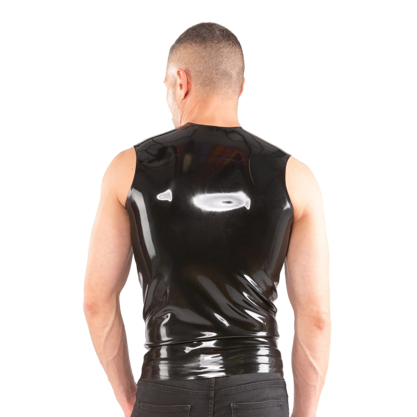 Direct back view of the sleek black latex sleeveless top from Dark Kulture, showcasing the high-quality material and precision-crafted tailoring.