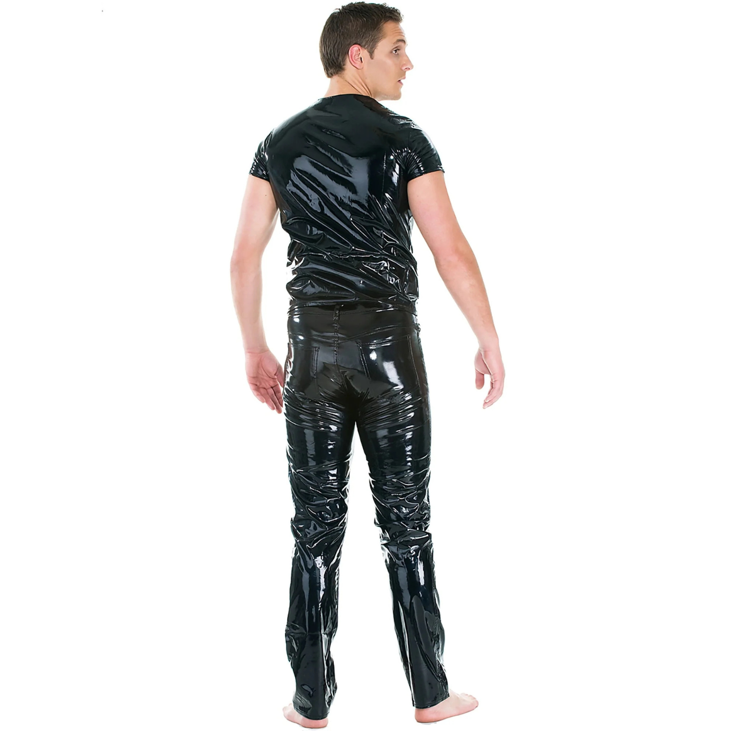 Back view of the masculine black PVC jeans from Dark Kulture, showing the comfortable straight-leg fit and glossy texture.