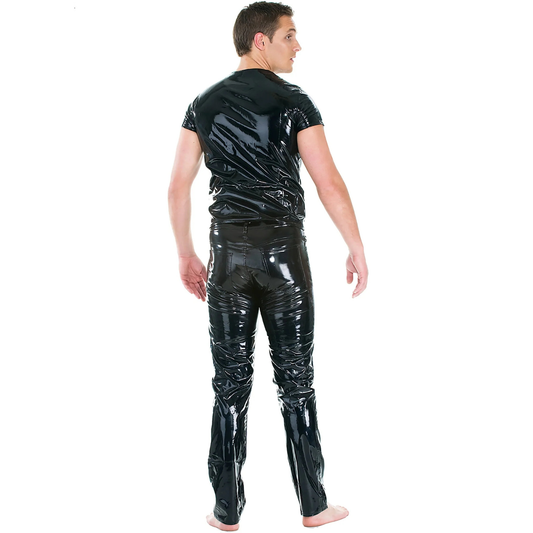 Back view of the masculine black PVC jeans from Dark Kulture, showing the comfortable straight-leg fit and glossy texture.