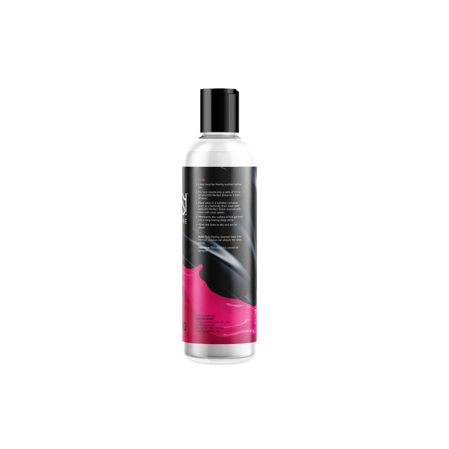 Side view of the beGLOSS Perfect Shine bottle highlighting the professional gloss finish for latex fashion by Dark Kulture.