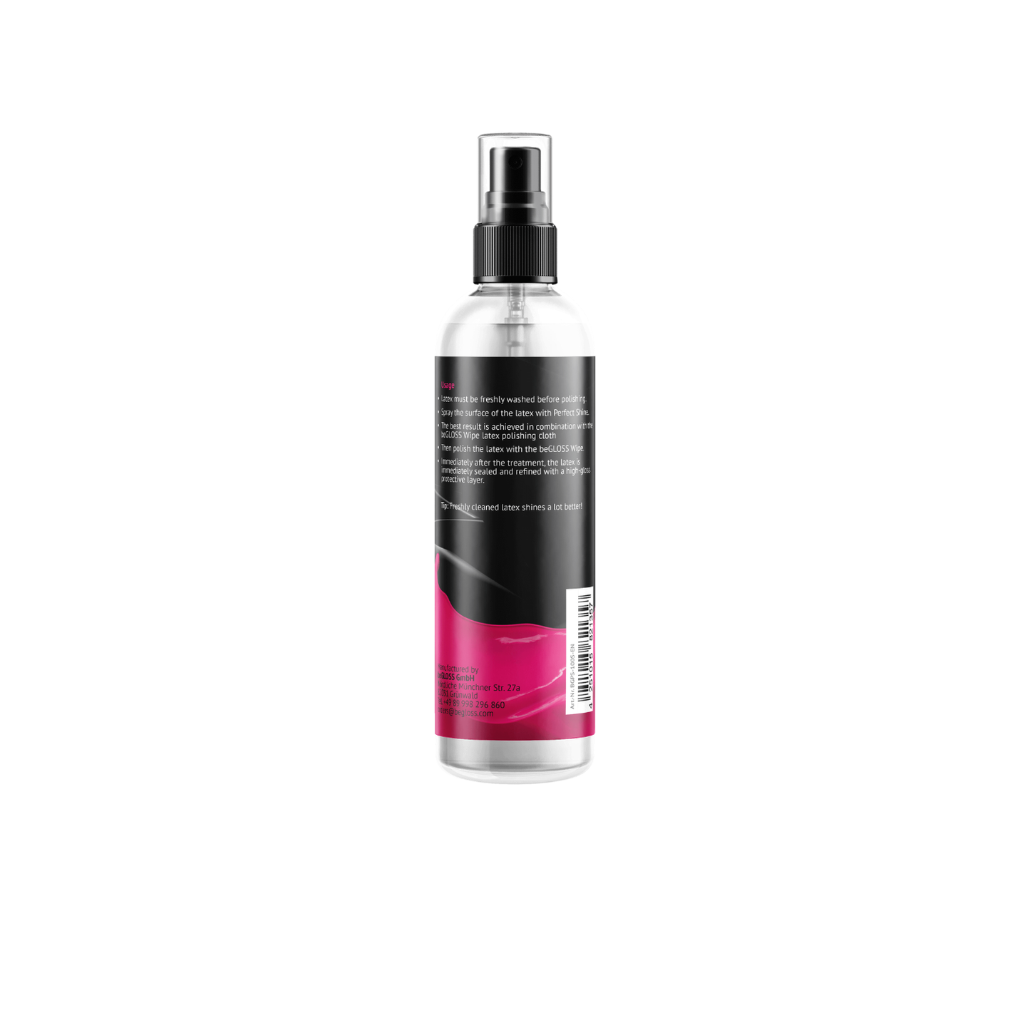 Specialized beGLOSS formula creates a dry-touch finish on latex clothing, preventing hair and lint from sticking to the surface.
