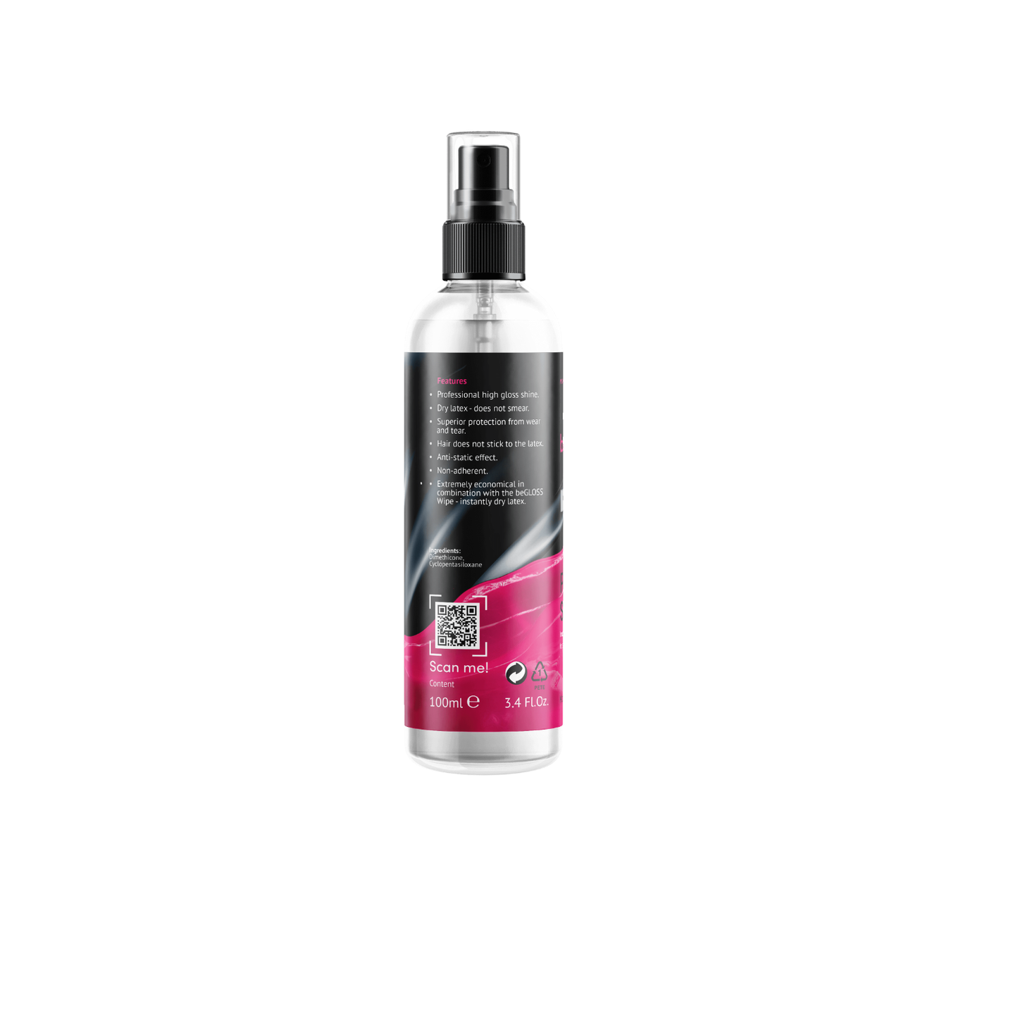 Ergonomic pump spray nozzle designed for precise dosing and even distribution of latex polish to prevent product waste.