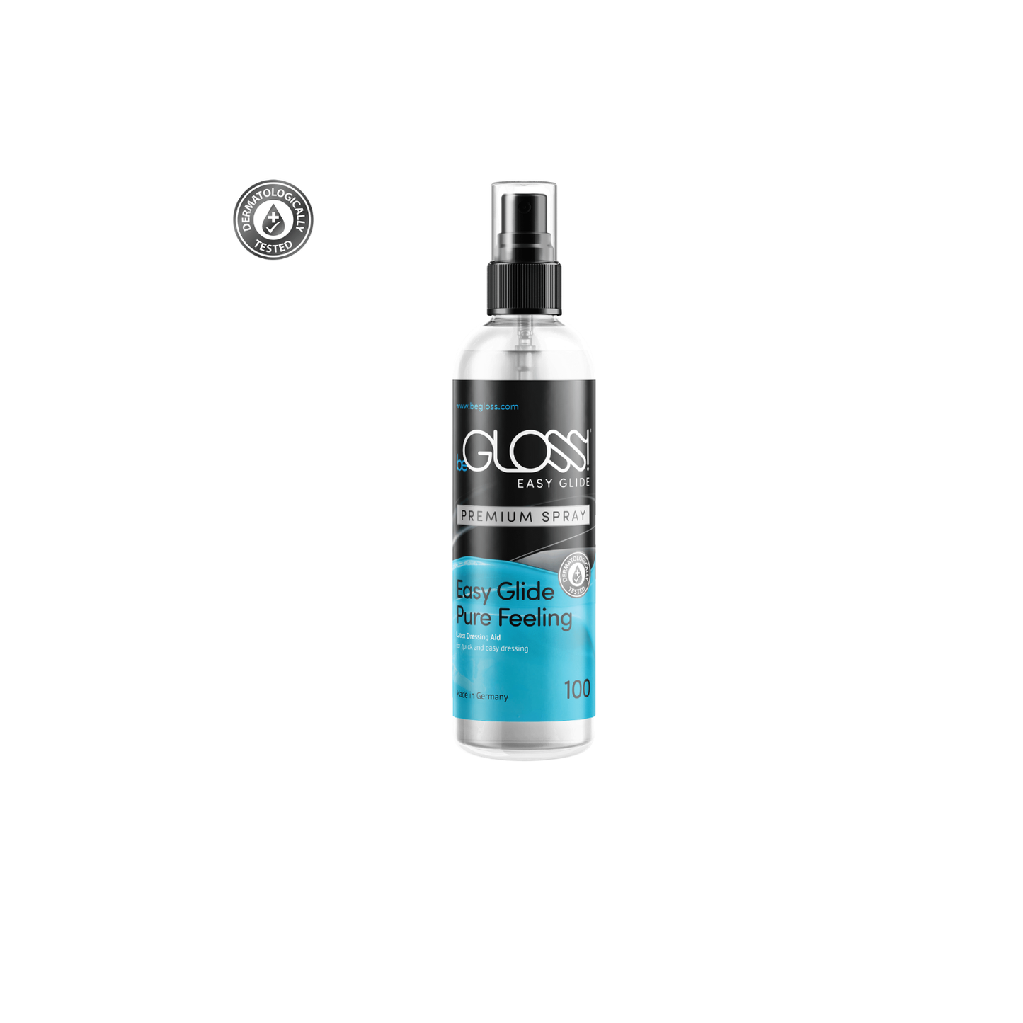 beGLOSS Easy Glide Premium Spray 100ml, a premium latex dressing aid for effortless dressing and skin protection by Dark Kulture.