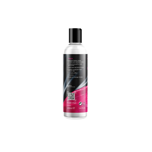 An angled shot of the beGLOSS Perfect Shine latex conditioner, perfect for maintaining high-gloss alternative apparel from Dark Kulture.