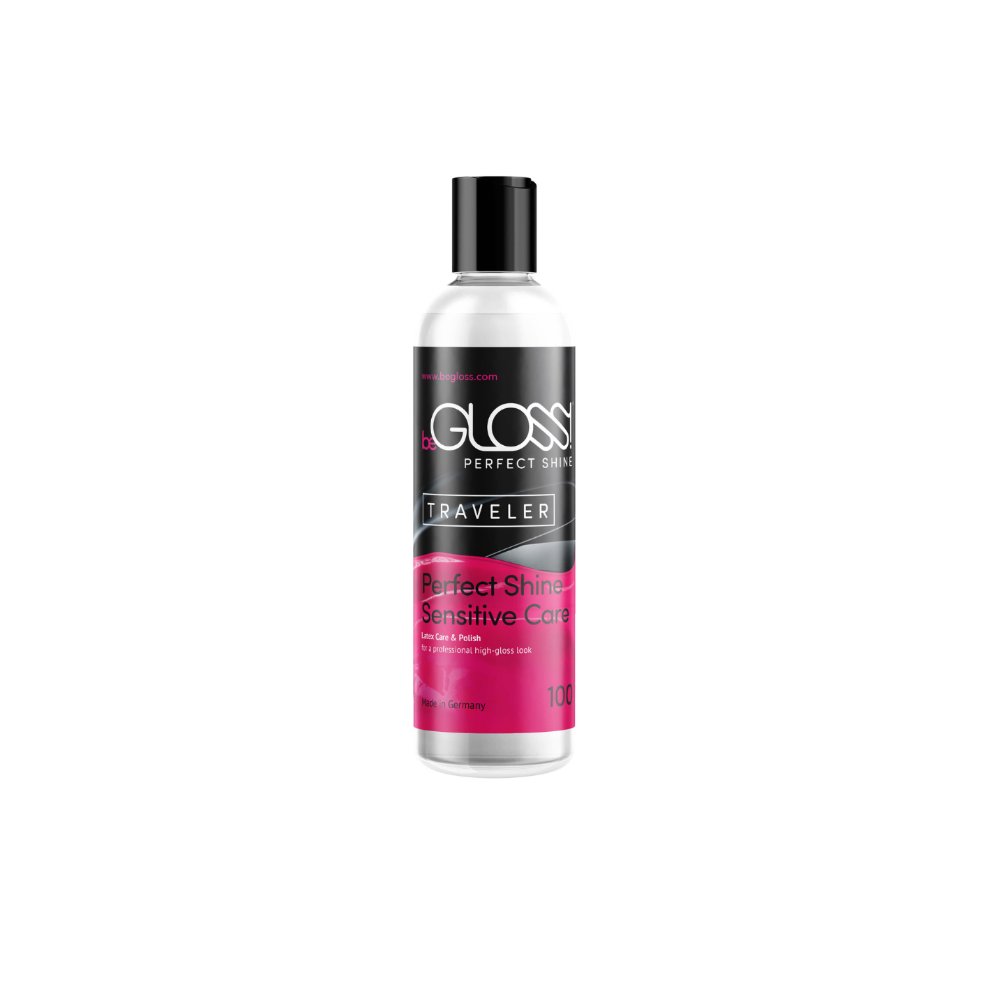 Front view of beGLOSS Perfect Shine 100ml bottle, a professional latex polishing and sensitive care solution available at Dark Kulture.