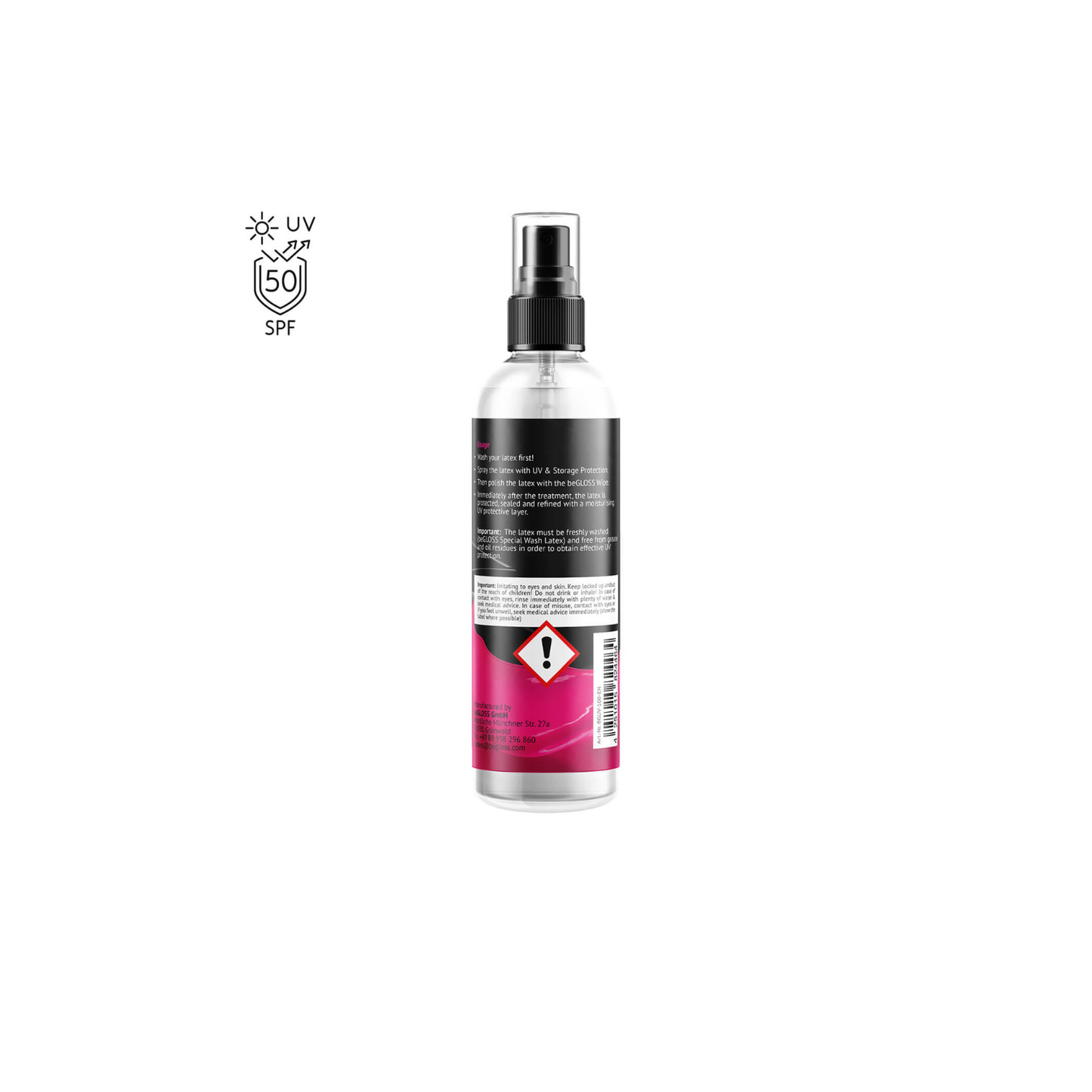 Hygienically factory-sealed beGLOSS bottle with tamper-evident foil ensuring chemical purity and leak-proof shipping