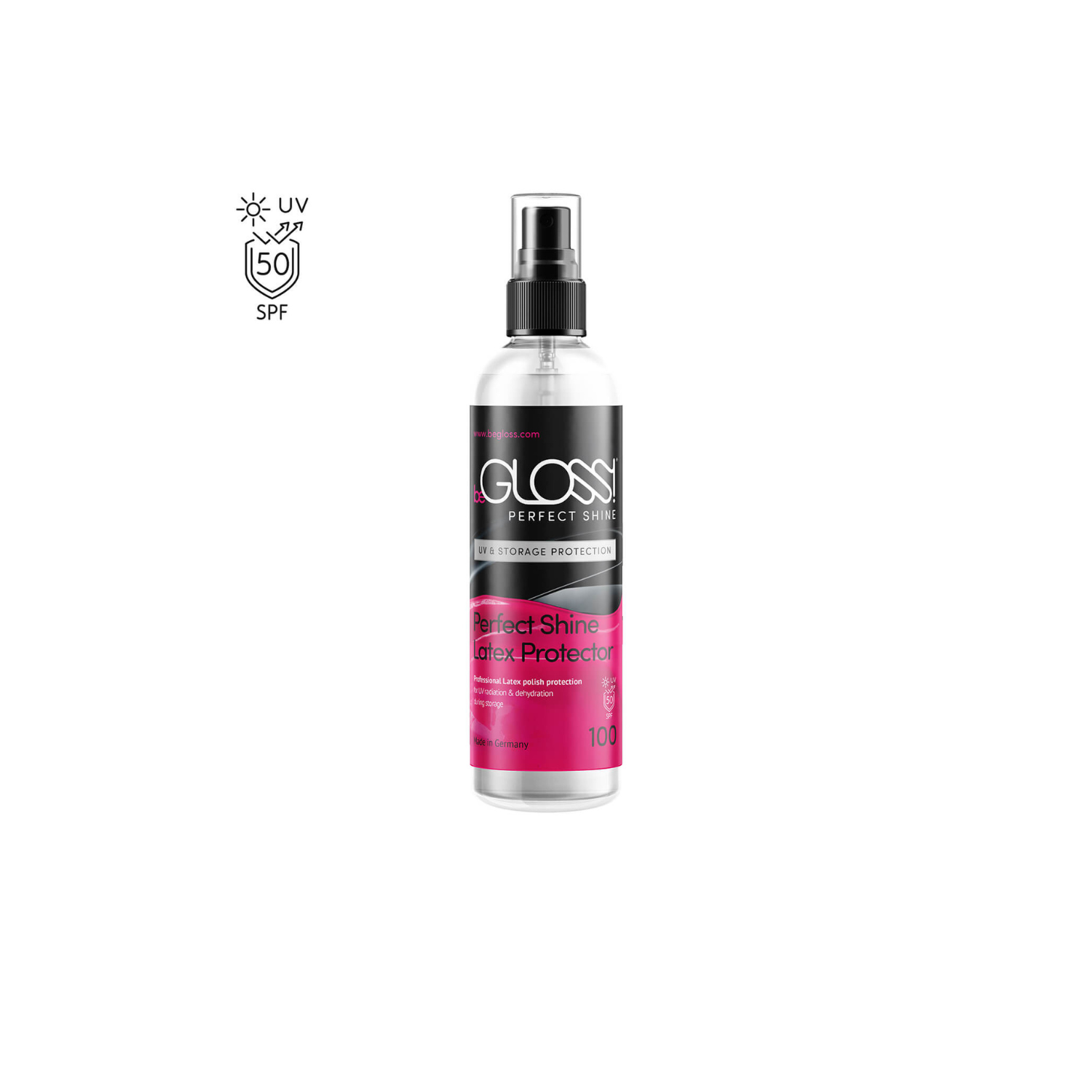 beGLOSS UV & Storage Protection spray with SPF 50+ to block ultraviolet rays and prevent latex discoloration or fading