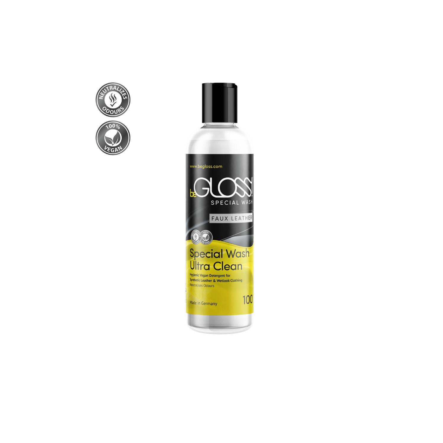 beGLOSS Special Wash protects the sensitive adhesive coating of faux leather and wetlook garments to prevent peeling and maintain flexibility for Dark Kulture apparel.