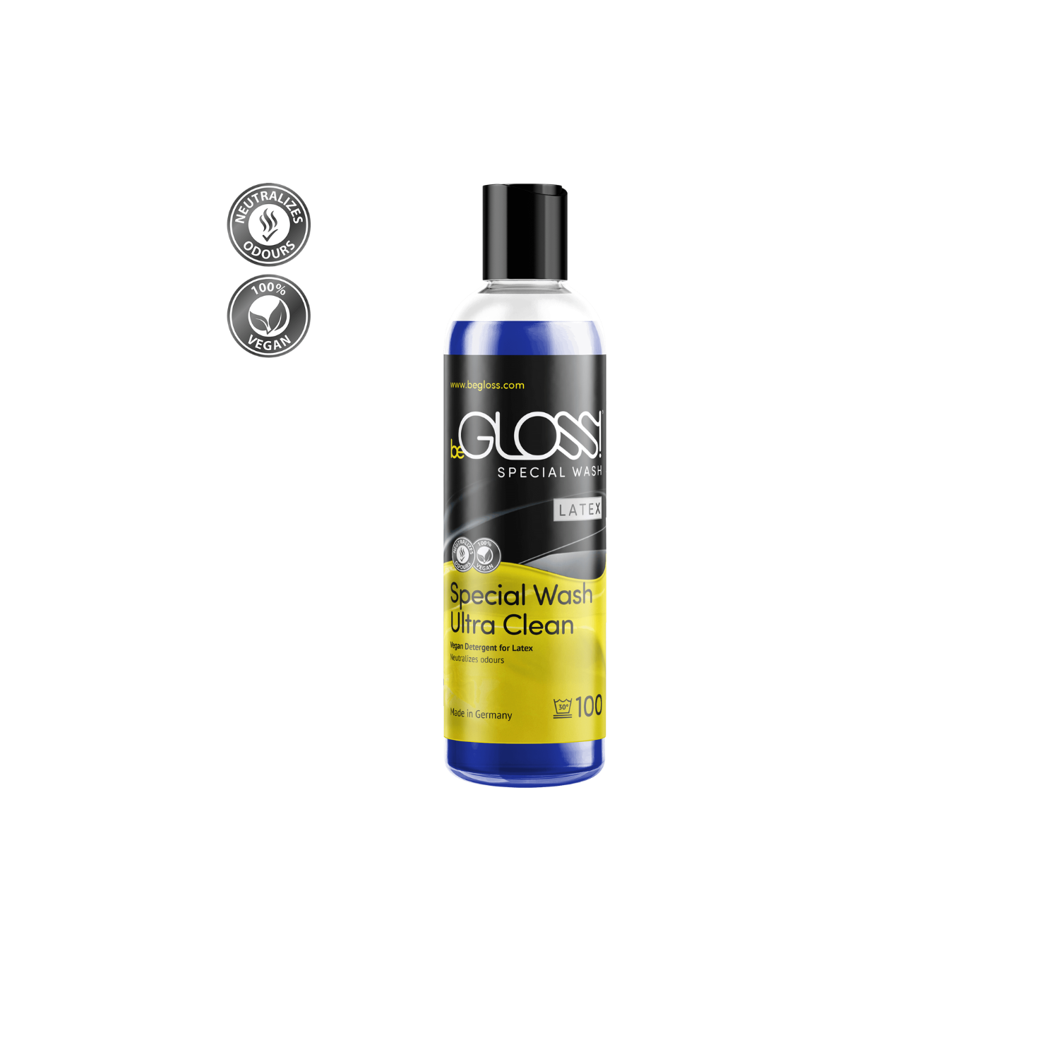 beGLOSS Special Wash 100ml bottle, a gentle and effective latex detergent designed to clean and protect high-gloss apparel from Dark Kulture