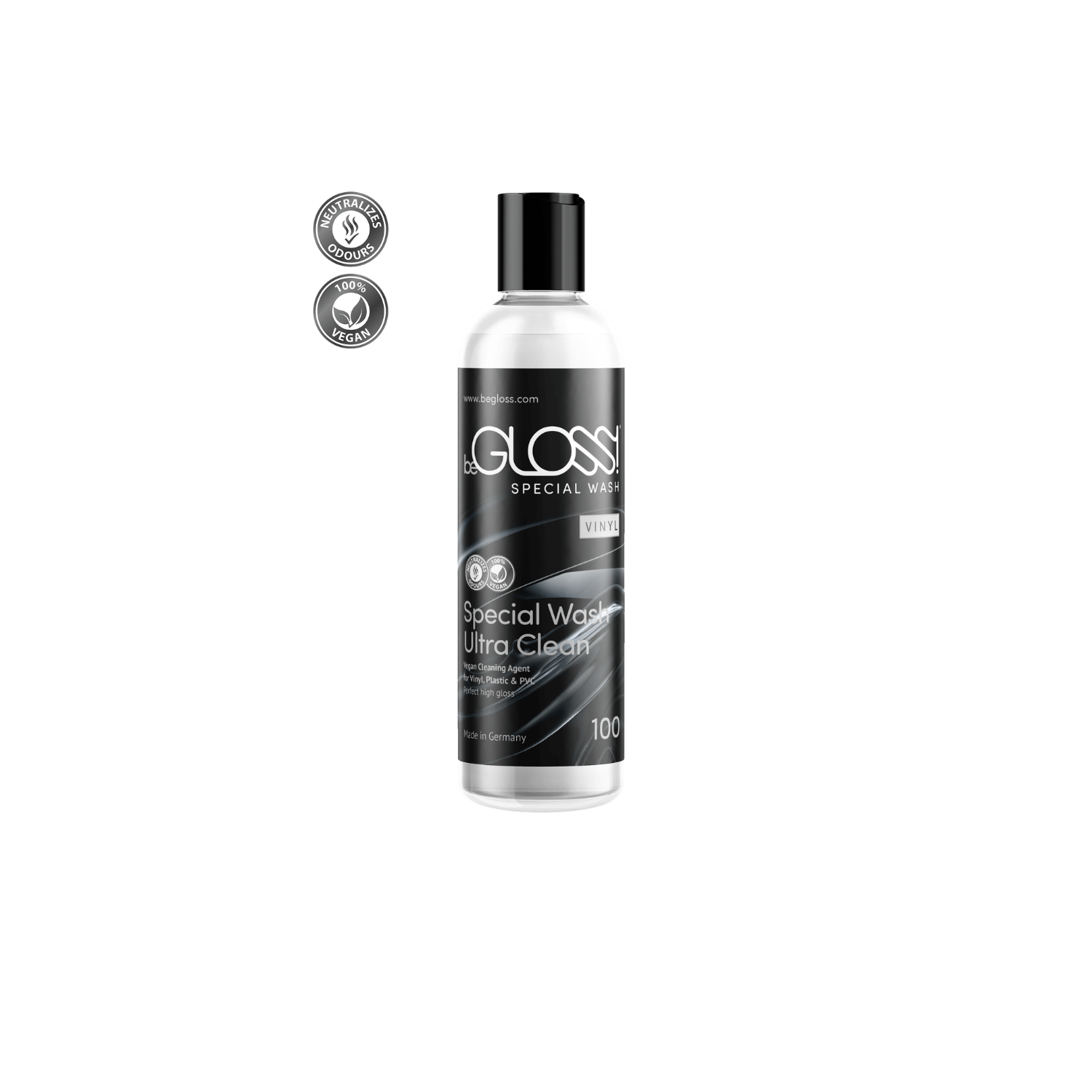 beGLOSS Special Wash for Vinyl and PVC, a 100ml high-gloss vegan cleaner designed to maintain the flexibility of Dark Kulture alternative fashion.