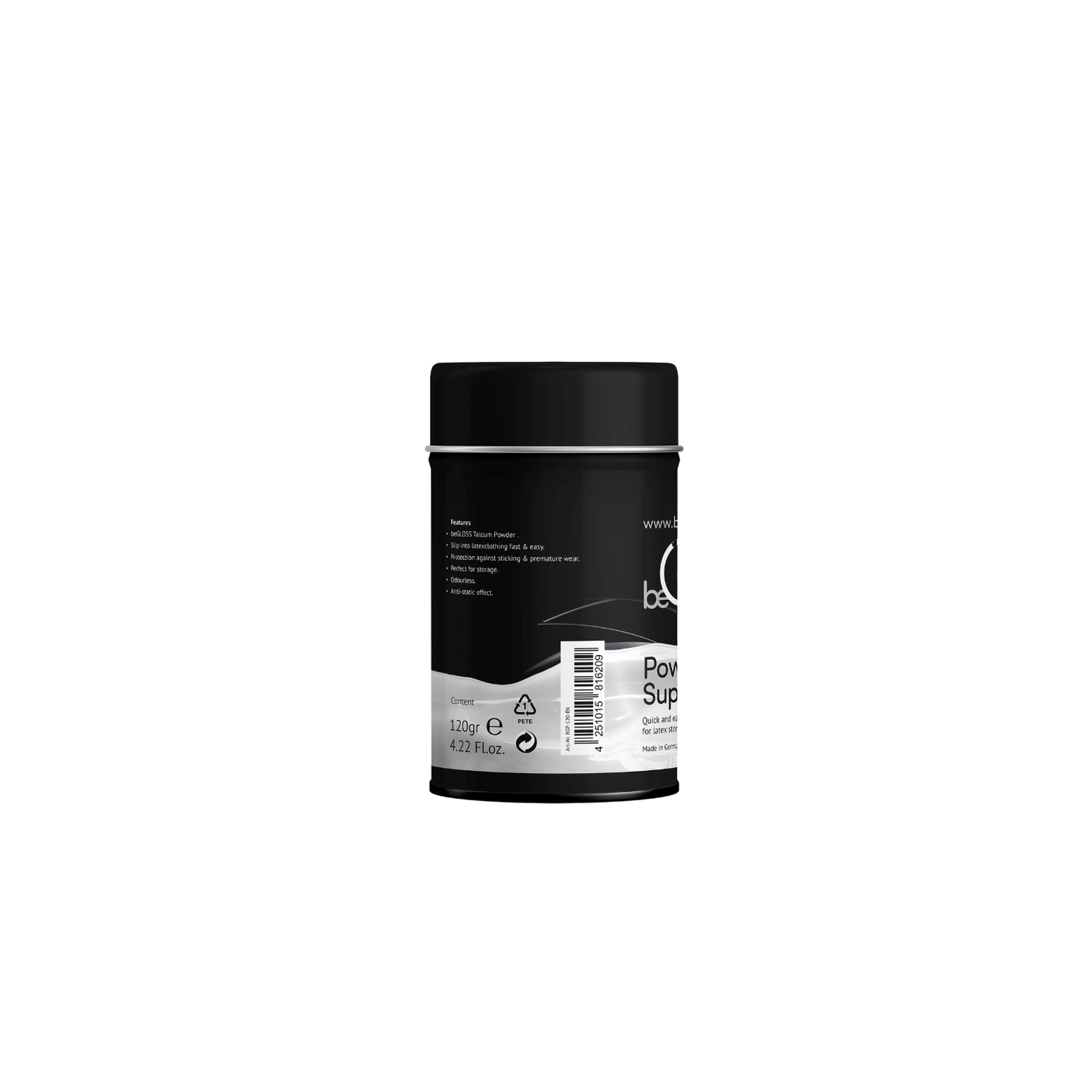 Featuring a double-sealed lid to lock out moisture, this talcum powder keeps latex surfaces dry and supple, preventing mold and degradation for Dark Kulture apparel.