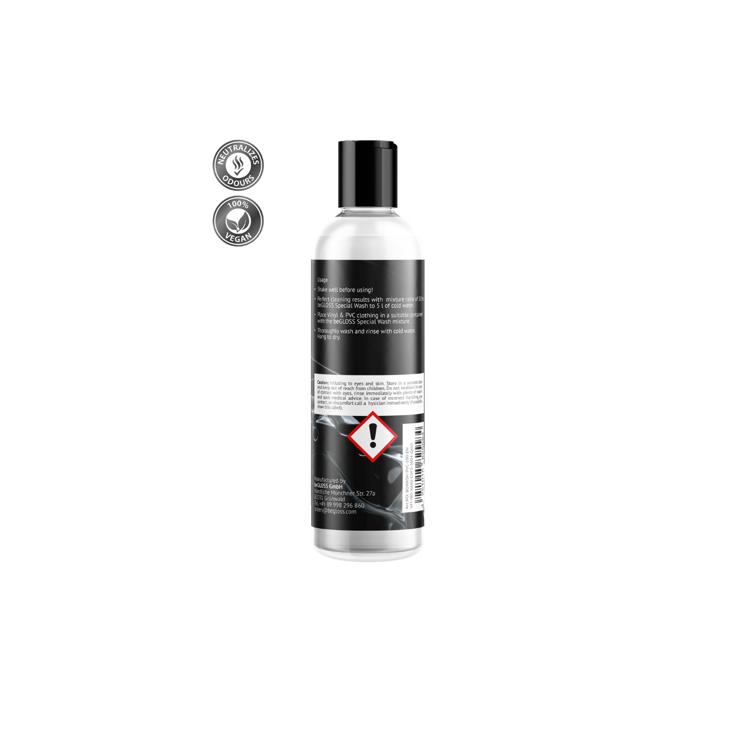 Technical view of beGLOSS Special Wash for PVC, the essential care product to prevent cracking and peeling on Dark Kulture glossy apparel.