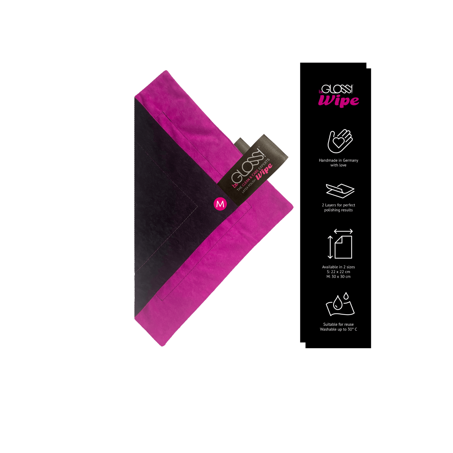 Professional beGLOSS Wipe lint-free cloth designed to apply latex polish for a streak-free high-gloss finish on Dark Kulture fetish wear.