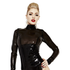 A stunning black latex panel blouse by Dark Kulture, featuring semi-translucent sections on the chest and arms for a unique high-fashion look.
