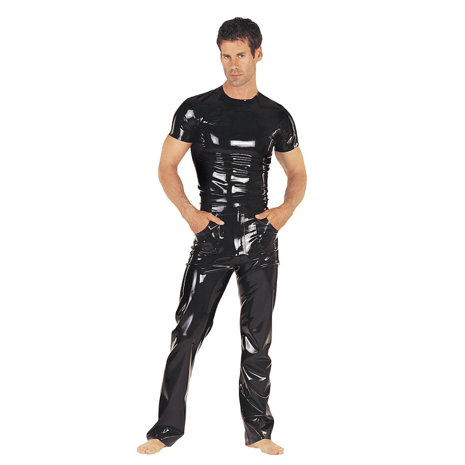 Full-body view of the form-fitting black latex t-shirt styled with trousers for a complete Dark Kulture alternative outfit