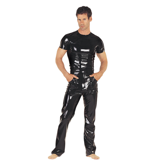 Full-body view of the form-fitting black latex t-shirt styled with trousers for a complete Dark Kulture alternative outfit