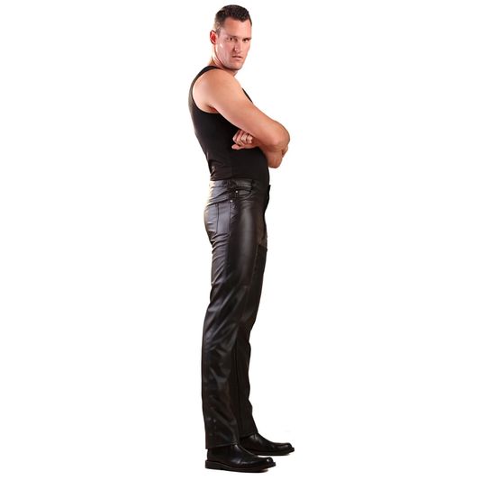 Close-up of Dark Kulture's black leatherette jeans styled with black leather boots, perfect for transitioning from meetings to clubs.