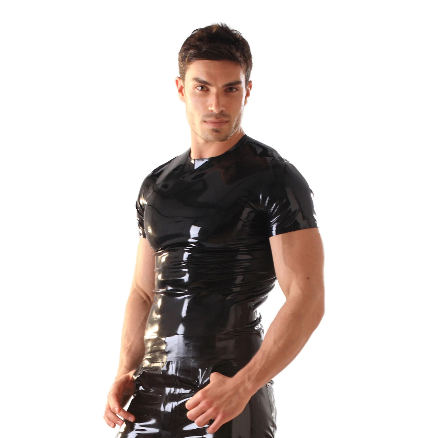 Front view of a premium black latex t-shirt for men, featuring a sleek round neck and handmade in the UK by Dark Kulture.