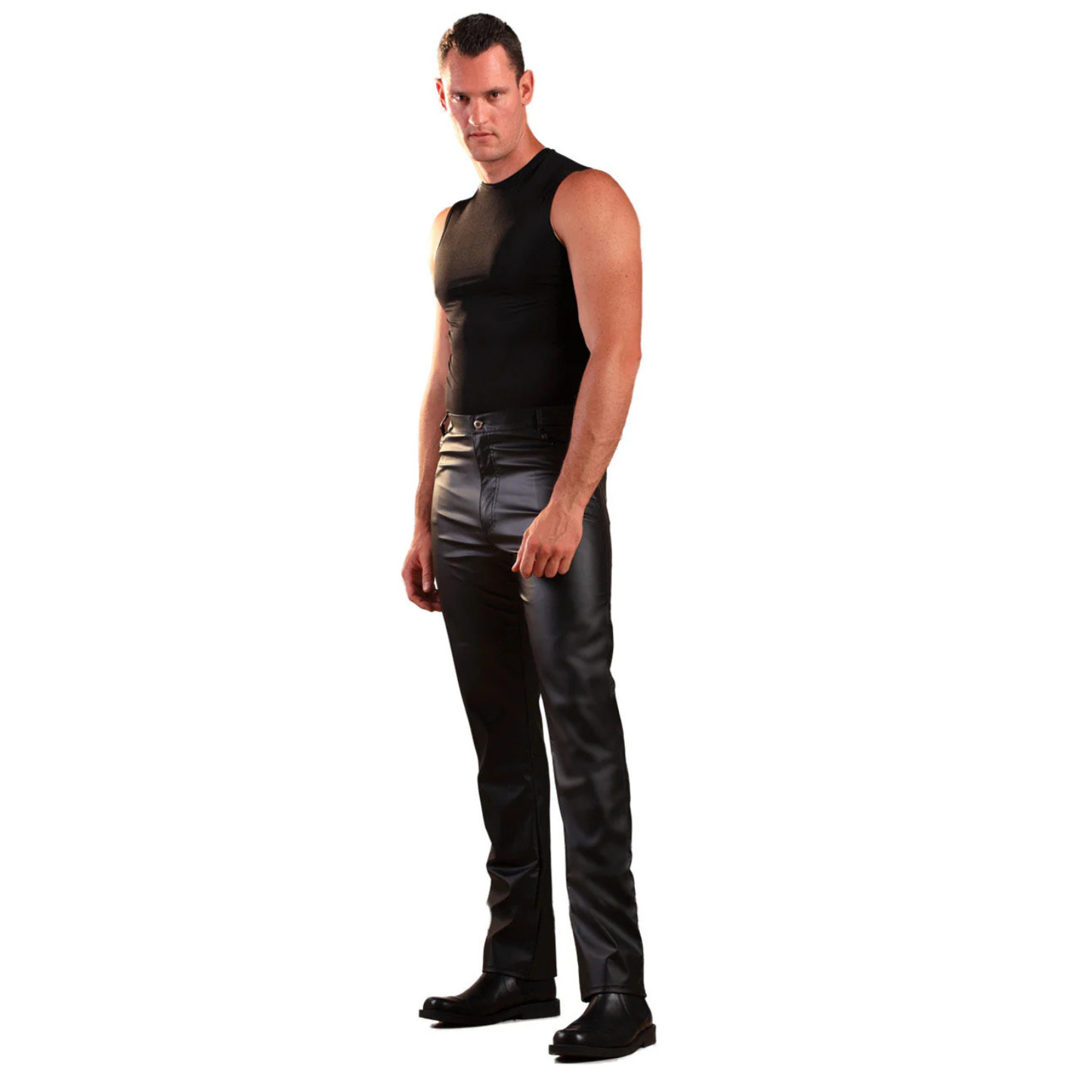 Men's black leatherette jeans by Dark Kulture featuring a sleek fit and a modern vegan-friendly edge for a commanding look.