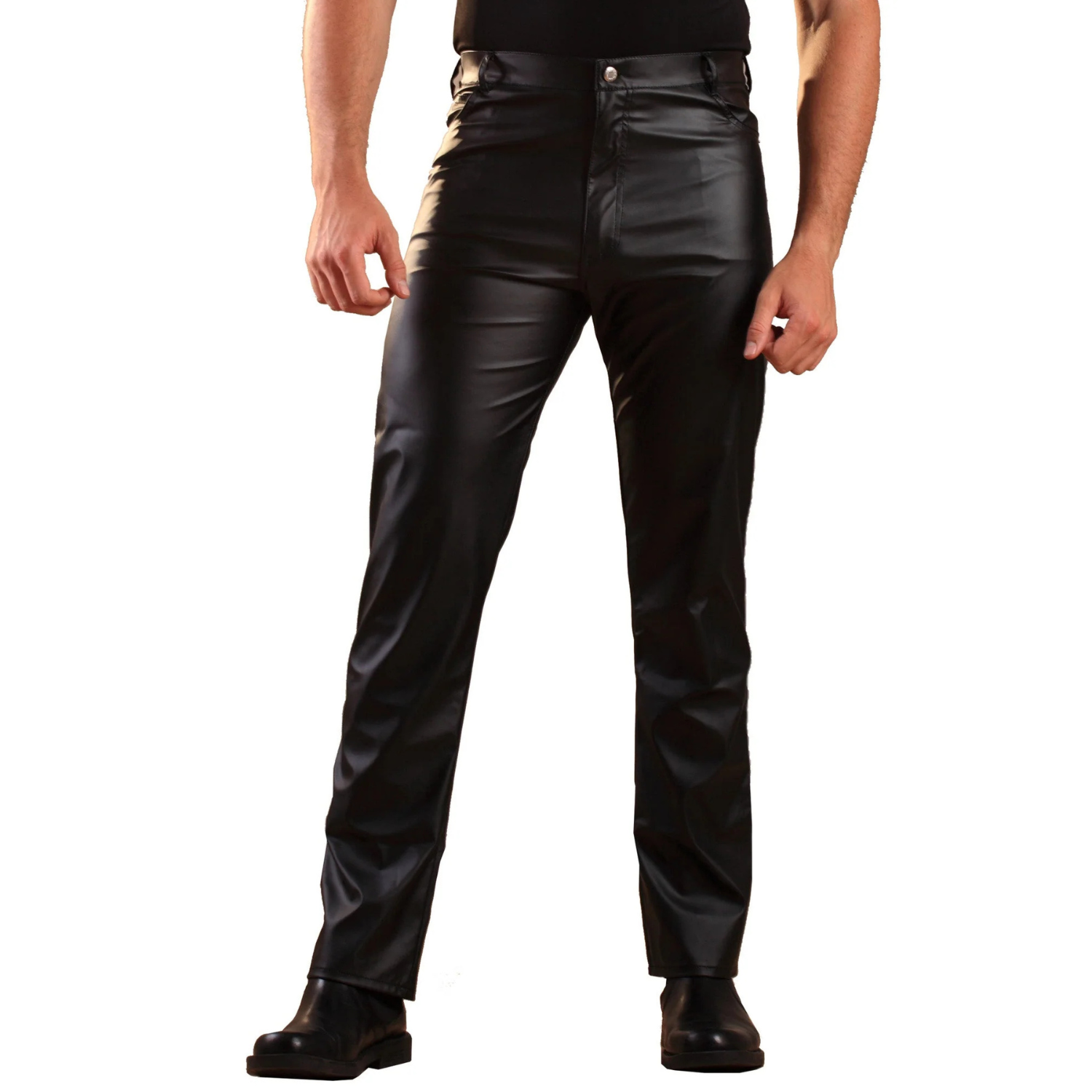 Men's black leatherette jeans with a straight-cut fit and subtle matte-to-sheen finish, showcasing a vegan leather look by Dark Kulture.
