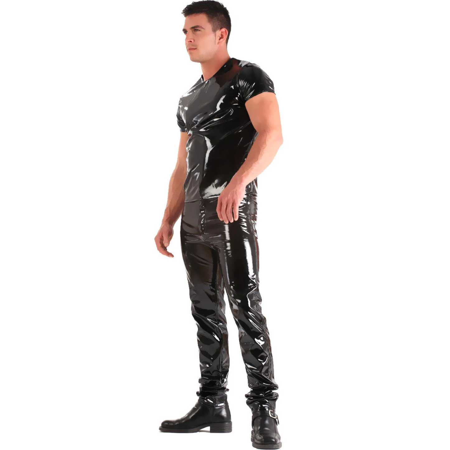 Men's black PVC straight cut jeans by Dark Kulture featuring a high-shine liquid look finish for a bold alternative style.