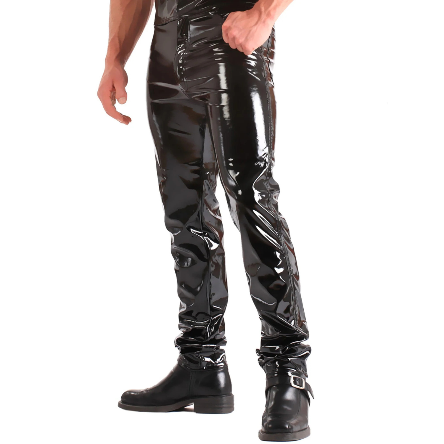 Detailed side view of Dark Kulture's PVC jeans styled with black leather boots for a commanding and edgy look.