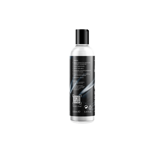 Side view of the beGLOSS Vinyl and PVC detergent bottle, featuring a specialized formula to neutralize odors and protect high-shine finishes by Dark Kulture.