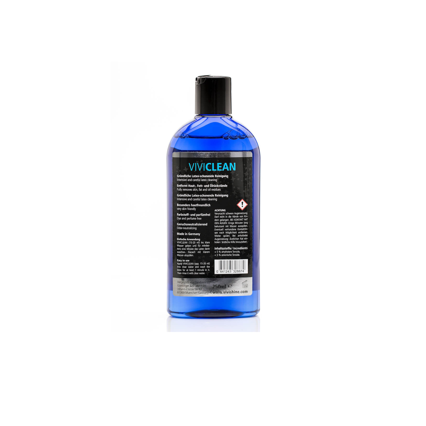 Detailed ingredients and safety information for Viviclean Latex Cleaner, a gentle care product for rubber wear.
