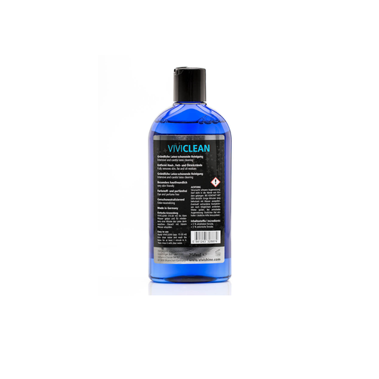 Detailed ingredients and safety information for Viviclean Latex Cleaner, a gentle care product for rubber wear.
