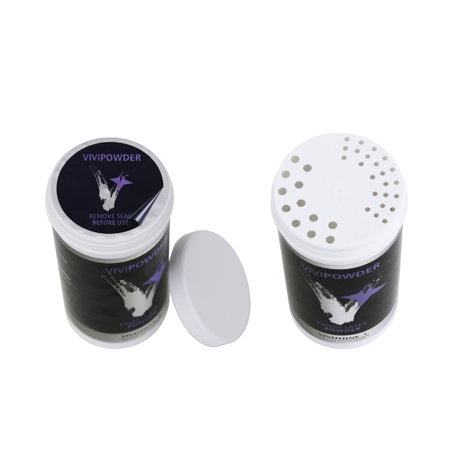A 220g container of pure white talcum powder used as a hypoallergenic dry dressing aid to provide a comfortable, non-liquid fit for Dark Kulture rubber apparel.