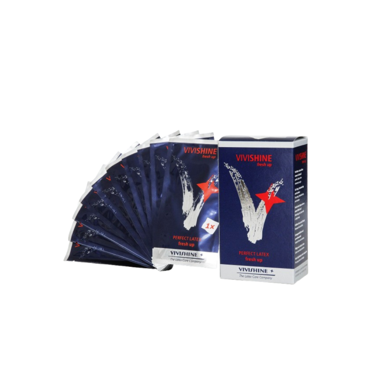 Vivishine Fresh Up 10-pack sachets provide a portable solution to instantly restore a high-gloss mirror shine to your Dark Kulture latex anywhere.