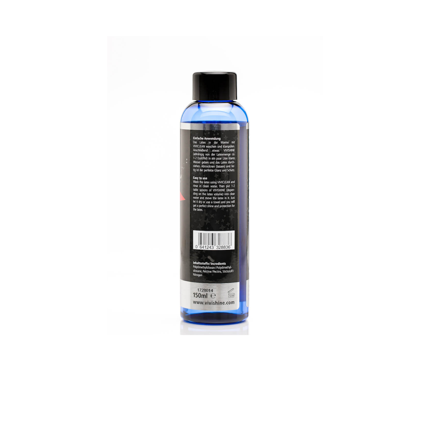Ingredients and usage instructions for Vivishine Latex Shine professional garment care.