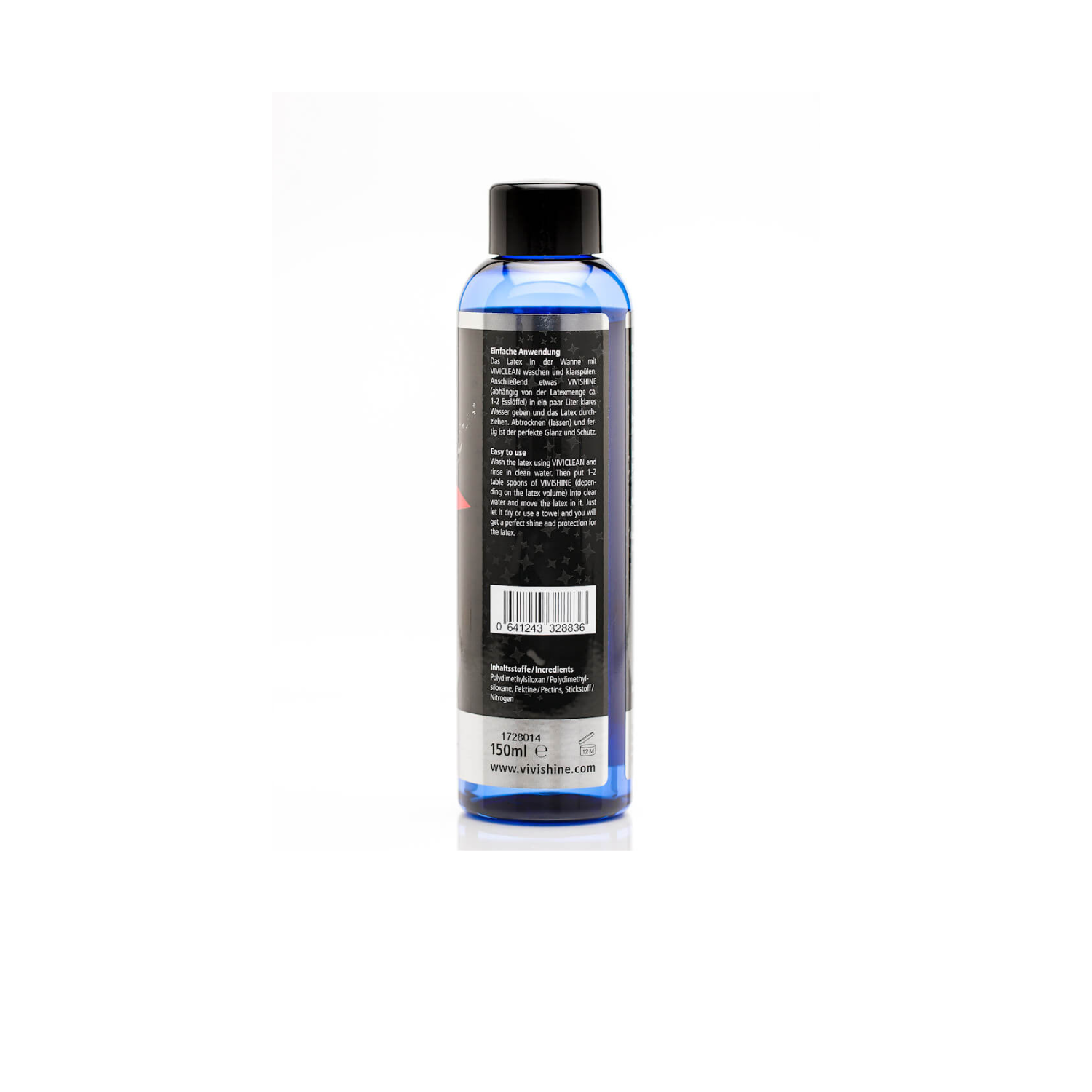 Ingredients and usage instructions for Vivishine Latex Shine professional garment care.