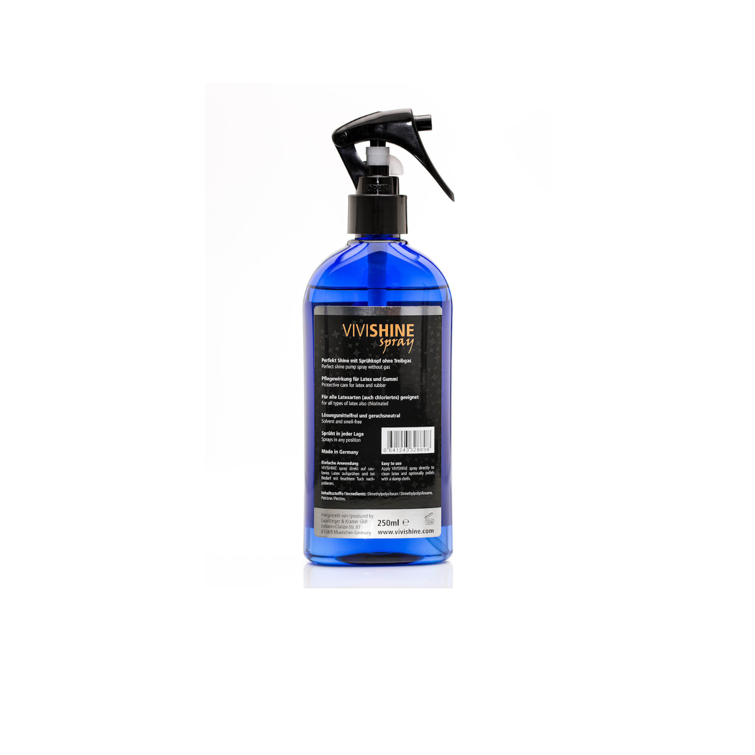 Close-up of Vivishine Latex Shine Spray nozzle showing the precise dosage head for targeted application.